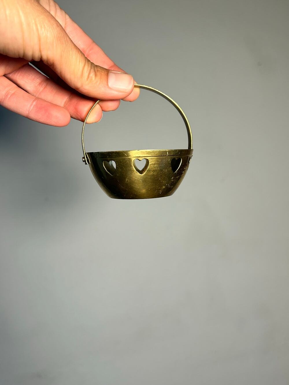 Vintage Brass Heart Cutout Basket, Small Swing Handle Trinket Dish